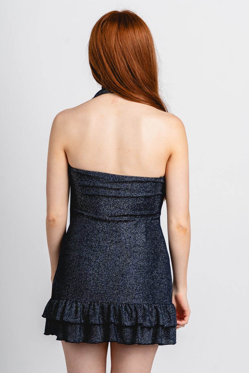 One shoulder shimmer ruffle dress navy