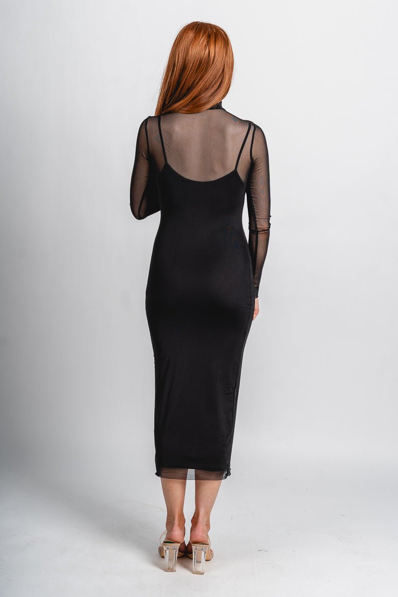 Mock neck mesh midi dress Black Black / Large Mock neck mesh midi dress Black Black / Large