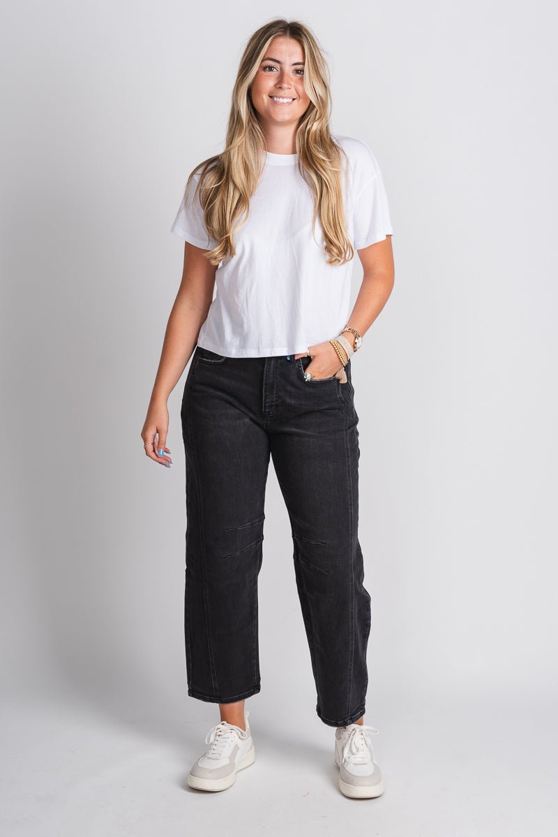 Flying Monkey high rise barrel jeans relief | Lush Fashion Lounge: boutique women's jeans, fashion jeans for women, affordable fashion jeans, cute boutique jeans