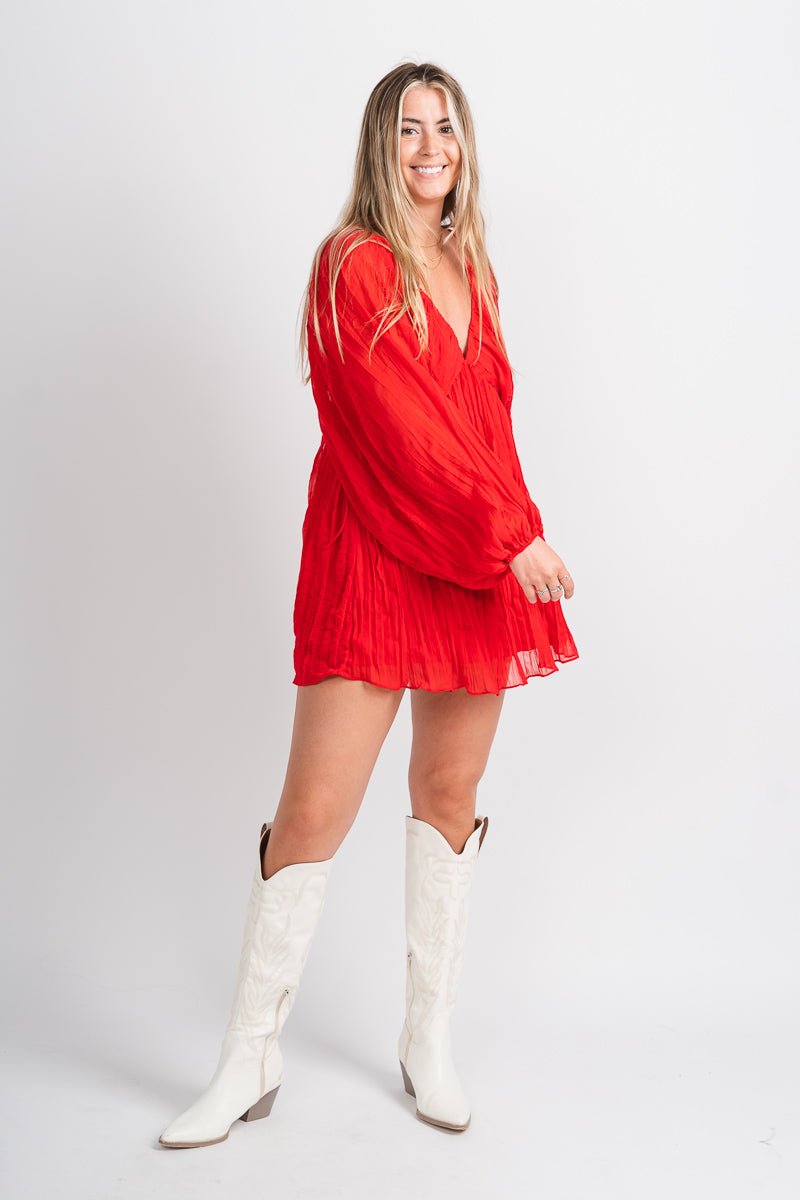Pleated puff sleeve dress red - Fun Dress - Unique American Summer Ideas at Lush Fashion Lounge Boutique in Oklahoma
