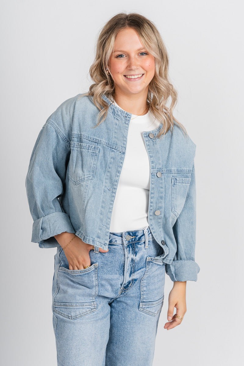 Denim jacket light wash – Affordable Blazers | Cute Black Jackets at Lush Fashion Lounge Boutique in Oklahoma City