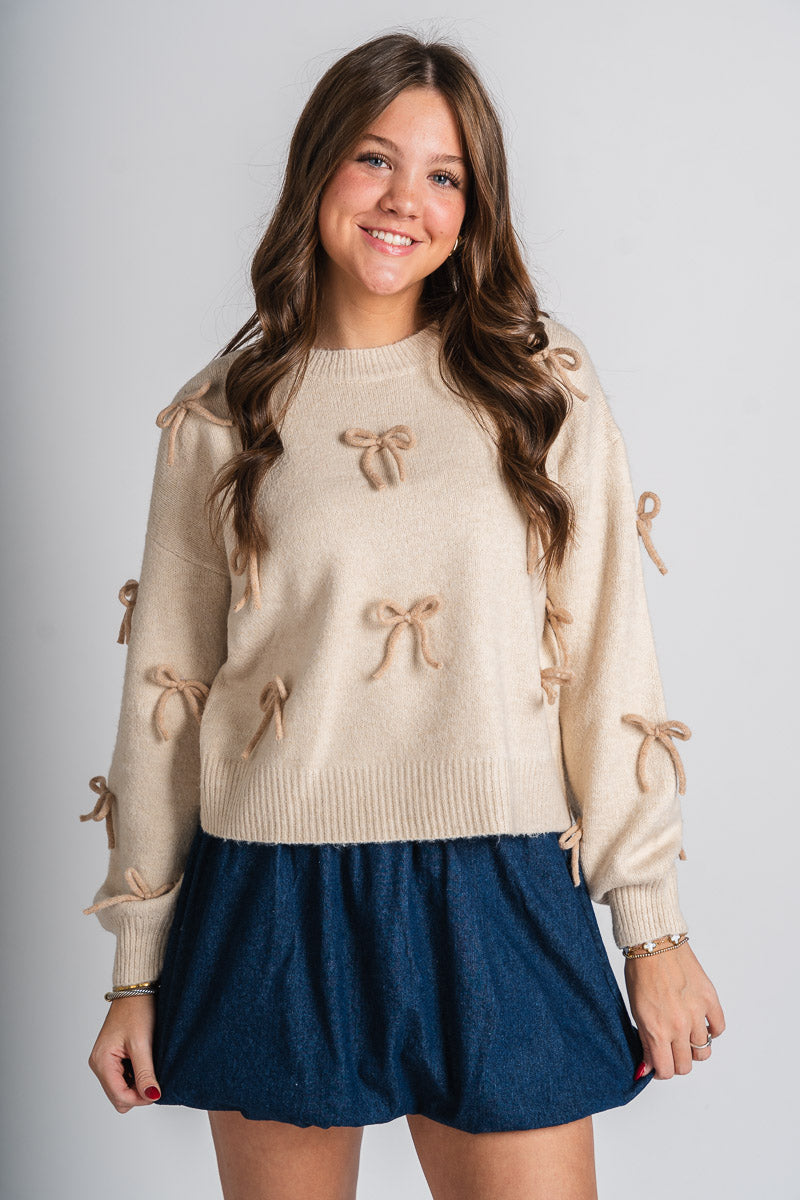 Bow embellished sweater ecru – Boutique Sweaters | Fashionable Sweaters at Lush Fashion Lounge Boutique in Oklahoma City