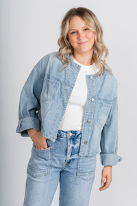 Denim jacket light wash – Trendy Jackets | Cute Fashion Blazers at Lush Fashion Lounge Boutique in Oklahoma City