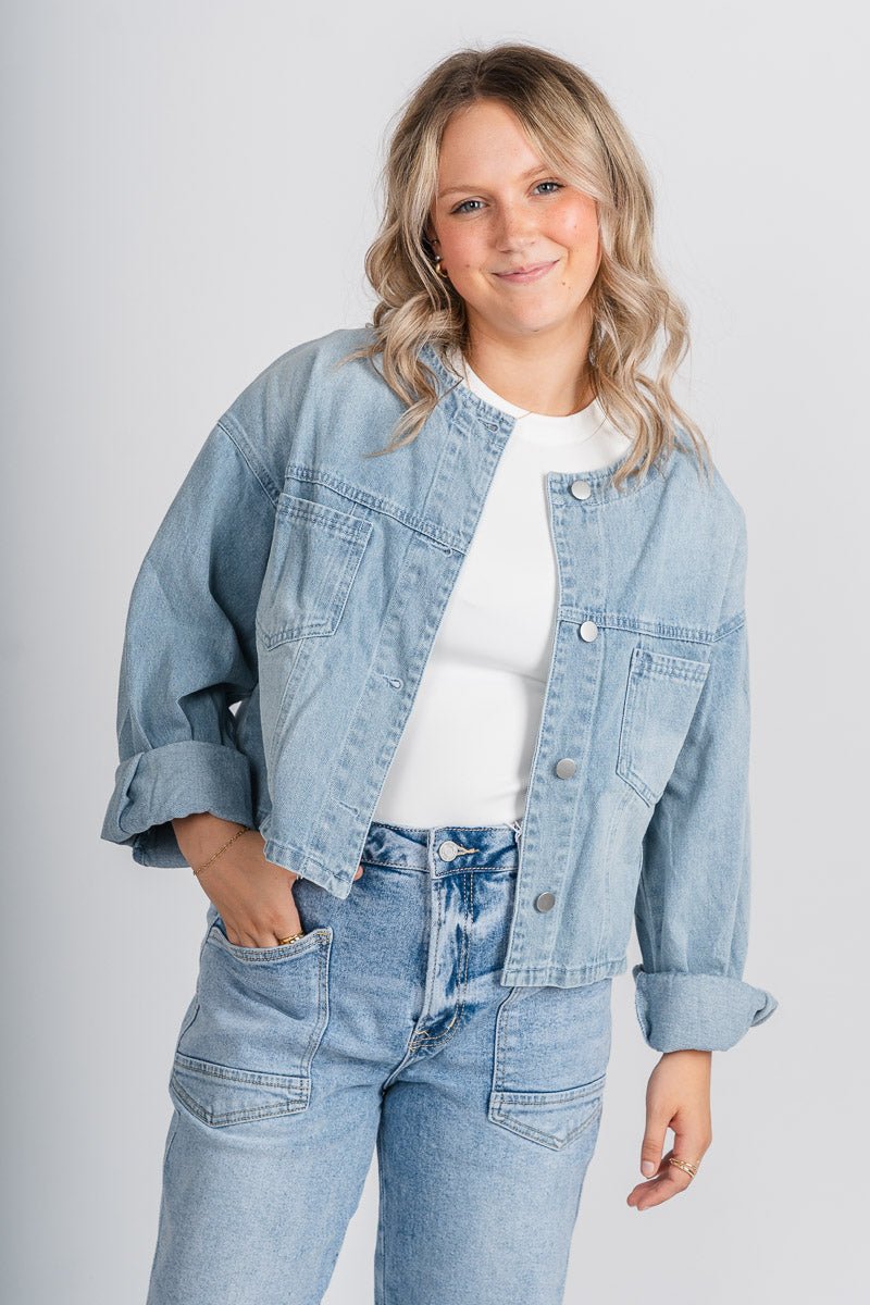 Denim jacket light wash – Trendy Jackets | Cute Fashion Blazers at Lush Fashion Lounge Boutique in Oklahoma City