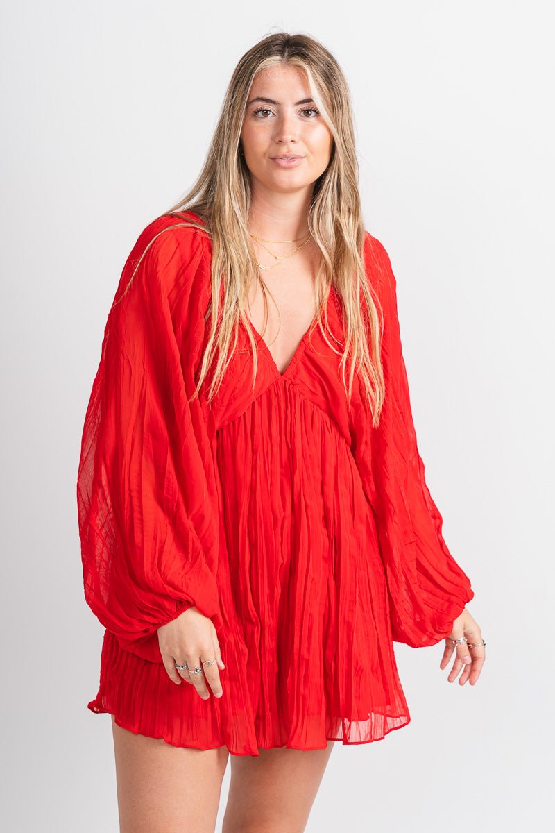 Pleated puff sleeve dress red - Affordable Dress - Boutique Dresses at Lush Fashion Lounge Boutique in Oklahoma City