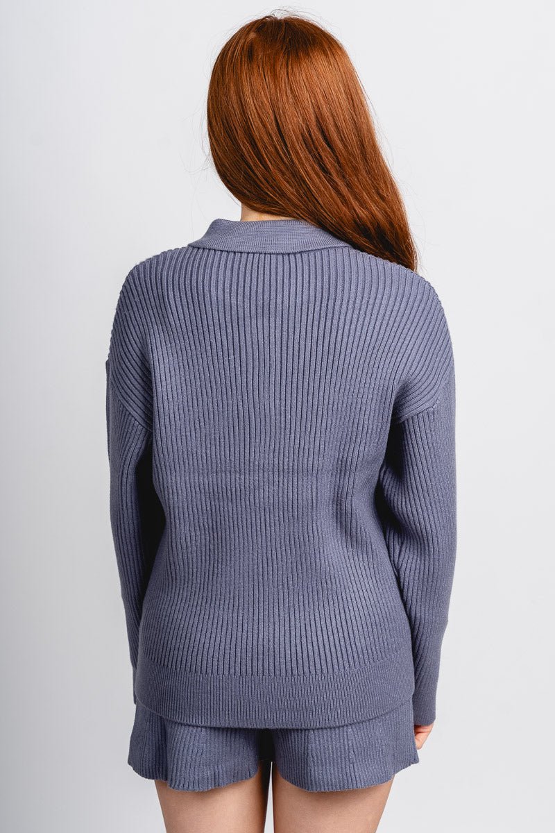 Collared button up sweater top dusty blue