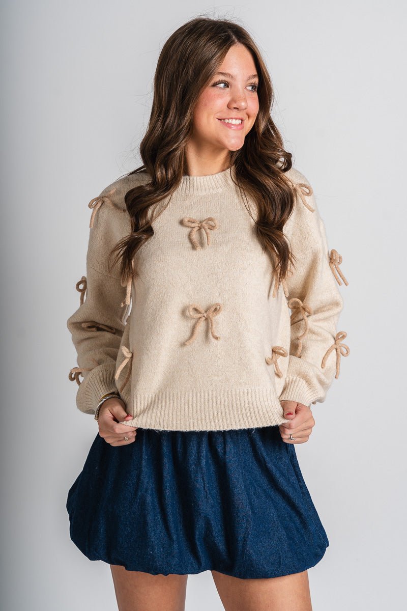 Bow embellished sweater ecru – Stylish Sweaters | Boutique Sweaters at Lush Fashion Lounge Boutique in Oklahoma City