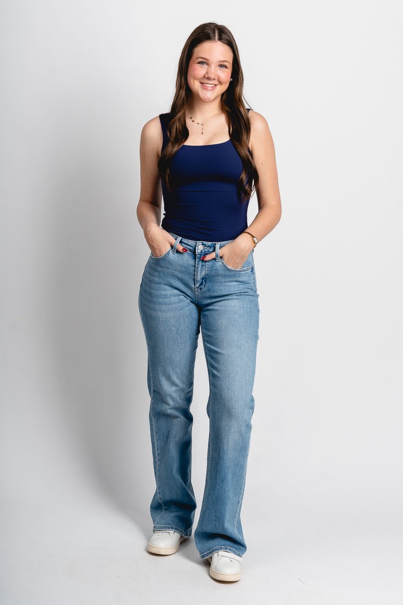 Square neck bodysuit navy Stylish Bodysuit - Womens Fashion Bodysuits at Lush Fashion Lounge Boutique in Oklahoma City