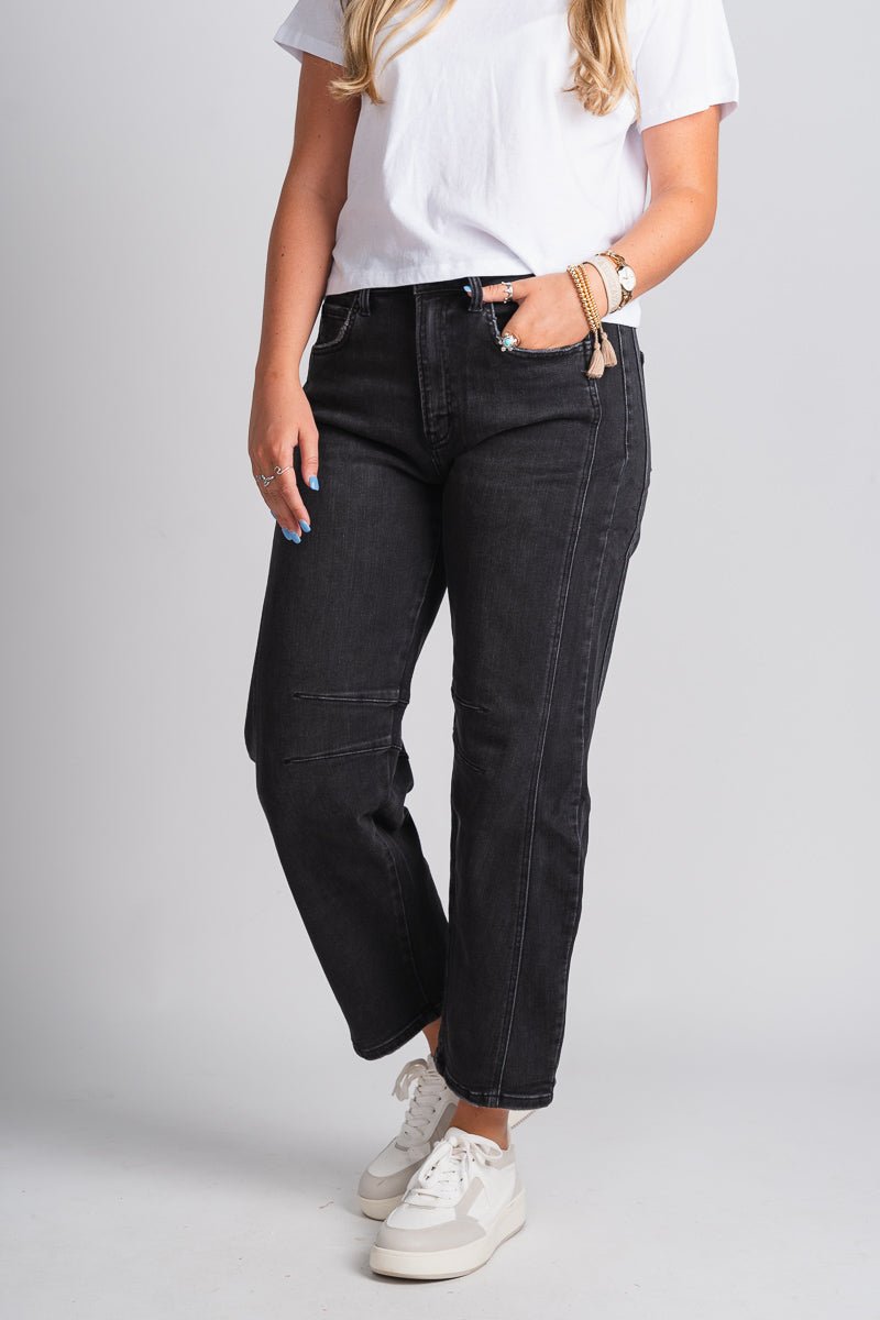 Flying Monkey high rise barrel jeans relief | Lush Fashion Lounge: boutique women's jeans, fashion jeans for women, affordable fashion jeans, cute boutique jeans