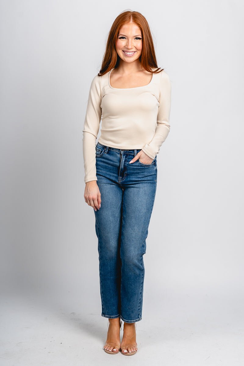 Long sleeve scoop neck top cream