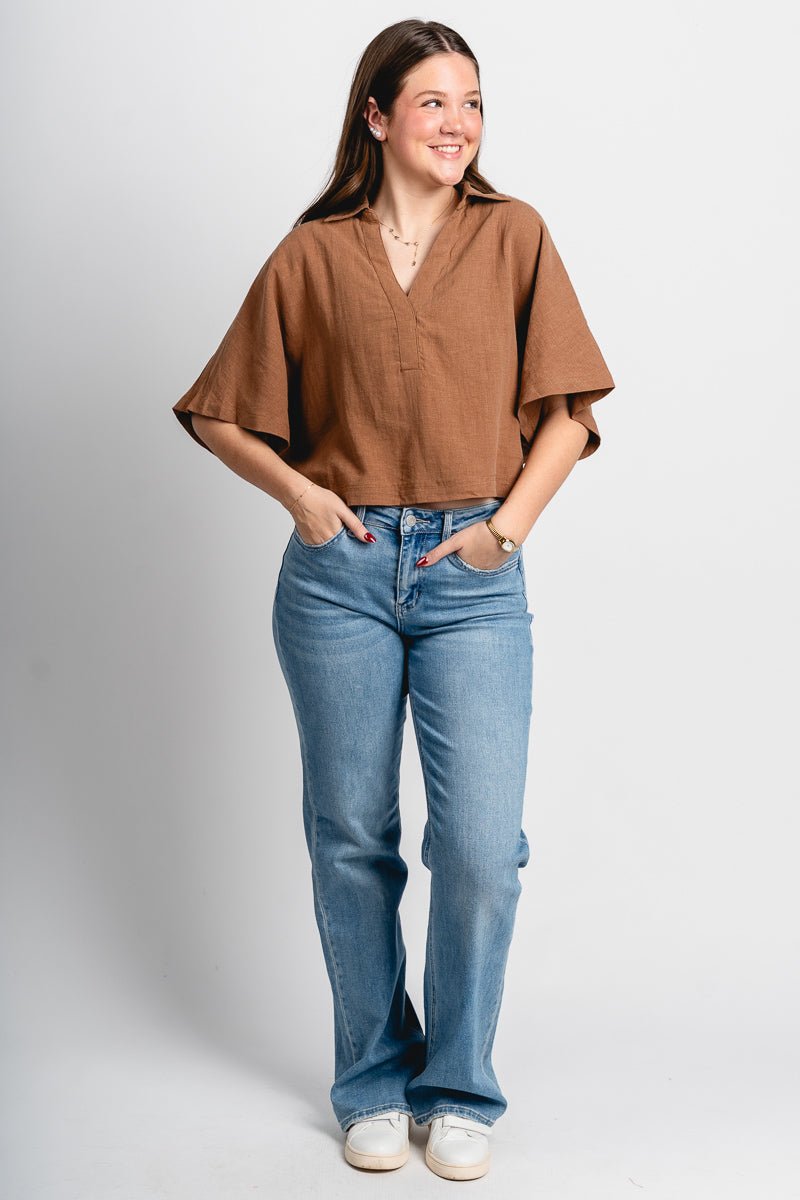 Short sleeve collared top rattan