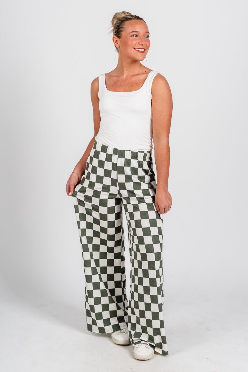 Checkered flare pants olive | Lush Fashion Lounge: women's boutique pants, boutique women's pants, affordable boutique pants, women's fashion pants