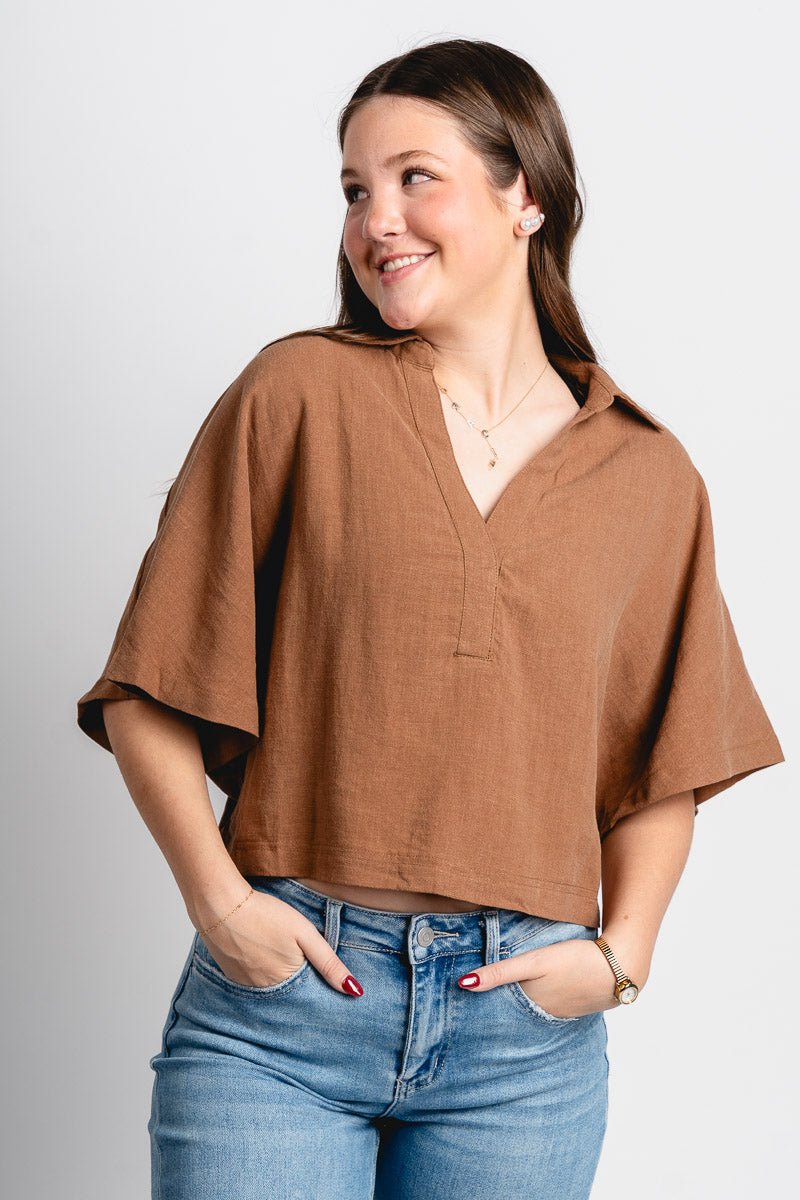 Short sleeve collared top rattan