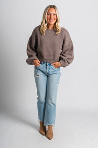 Puff sleeve crop sweater mocha - Trendy Sweaters | Cute Pullover Sweaters at Lush Fashion Lounge Boutique in Oklahoma City