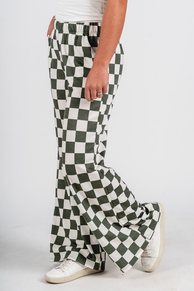 Checkered flare pants olive | Lush Fashion Lounge: women's boutique pants, boutique women's pants, affordable boutique pants, women's fashion pants