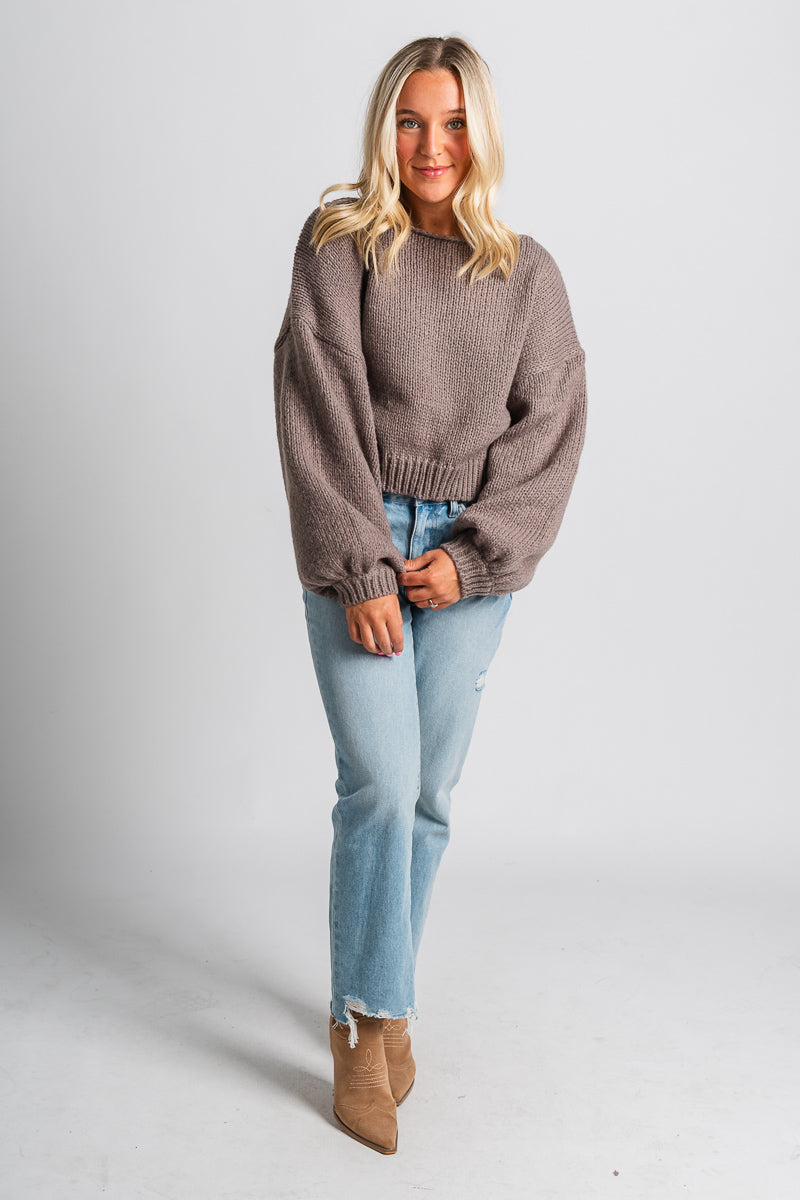 Puff sleeve crop sweater mocha – Unique Sweaters | Lounging Sweaters and Womens Fashion Sweaters at Lush Fashion Lounge Boutique in Oklahoma City