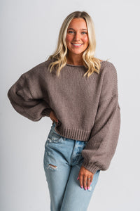 Puff sleeve crop sweater mocha – Boutique Sweaters | Fashionable Sweaters at Lush Fashion Lounge Boutique in Oklahoma City