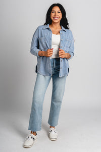 Oversized denim shacket light denim - Cute Jacket - Trendy Easter Clothing Line at Lush Fashion Lounge Boutique in Oklahoma