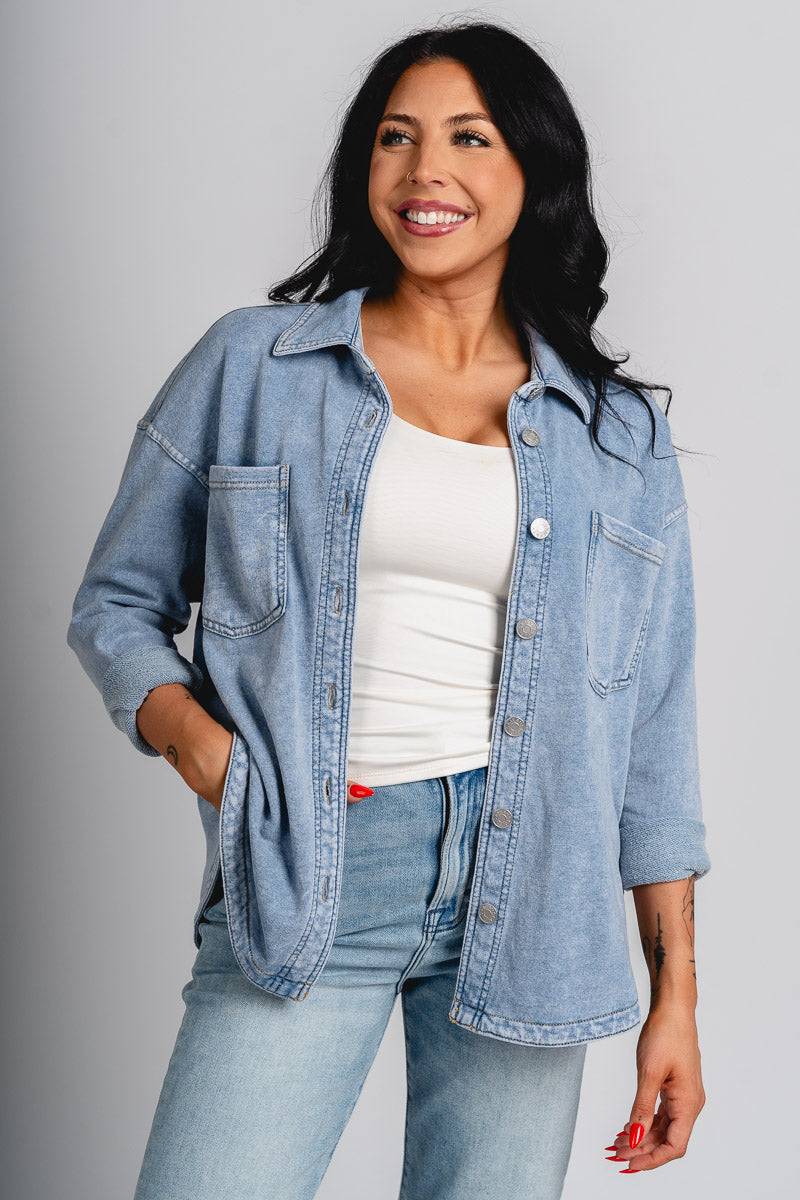 Oversized denim shacket light denim - Trendy Jacket - Fun Easter Looks at Lush Fashion Lounge Boutique in Oklahoma