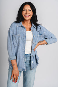 Oversized denim shacket light denim - Stylish Jacket - Cute Easter Outfits at Lush Fashion Lounge Boutique in Oklahoma