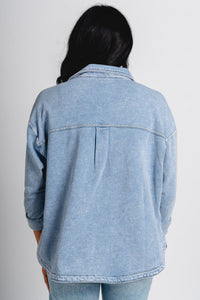 Oversized denim shacket light denim - Stylish Jacket - Cute Easter Clothing Line at Lush Fashion Lounge Boutique in Oklahoma