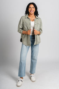 Oversized denim shacket sage - Cute Jacket - Trendy Easter Clothing Line at Lush Fashion Lounge Boutique in Oklahoma