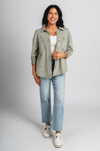 Oversized denim shacket sage - Affordable Jacket - Unique Easter Style at Lush Fashion Lounge Boutique in Oklahoma