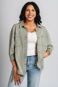 Oversized denim shacket sage - Stylish Jacket - Cute Easter Outfits at Lush Fashion Lounge Boutique in Oklahoma