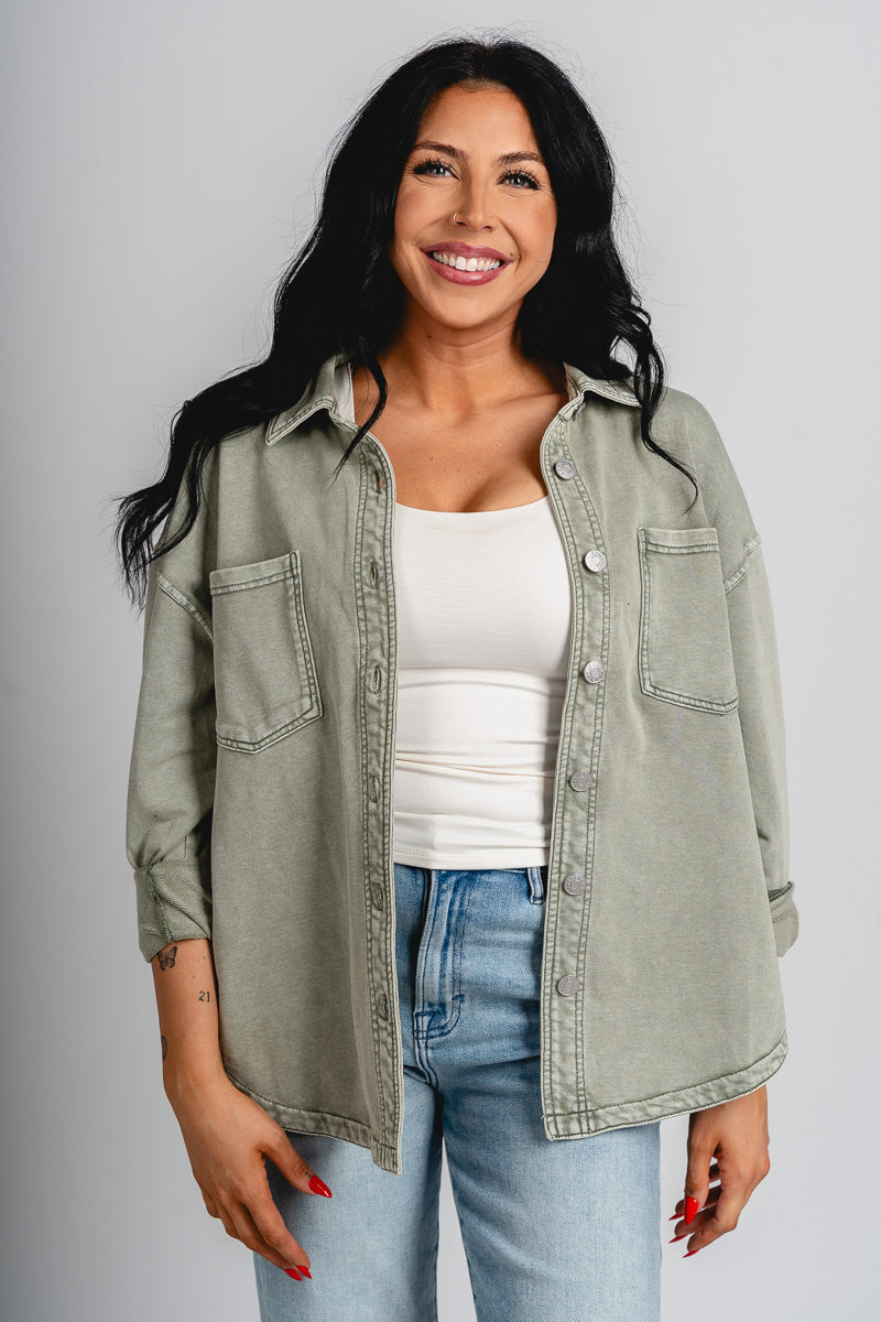 Oversized denim shacket sage - Trendy Jacket - Fun Easter Looks at Lush Fashion Lounge Boutique in Oklahoma