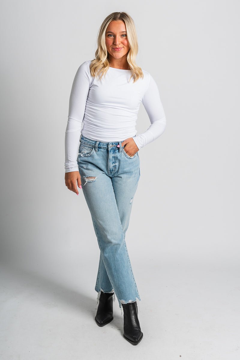 Ruched long sleeve top off white