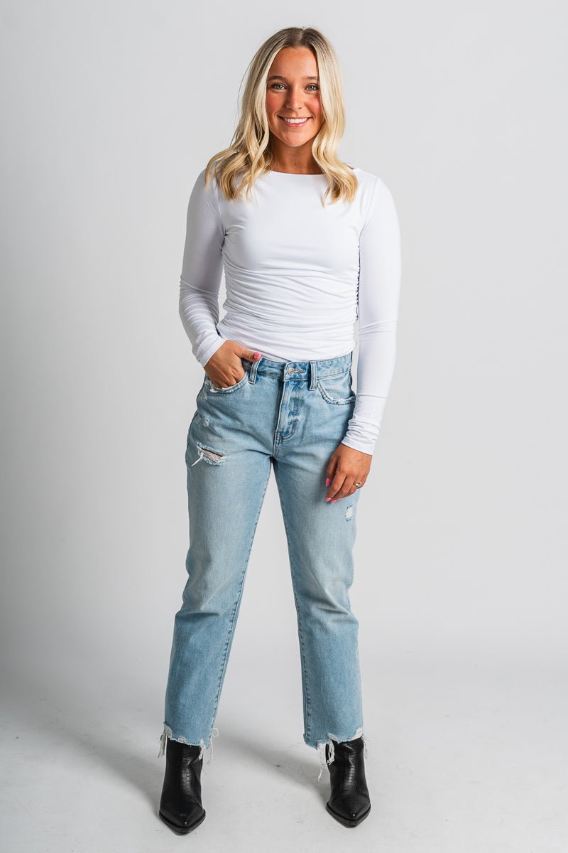 Ruched long sleeve top off white