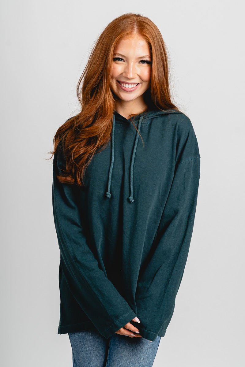 Hooded long sleeve top deep green
