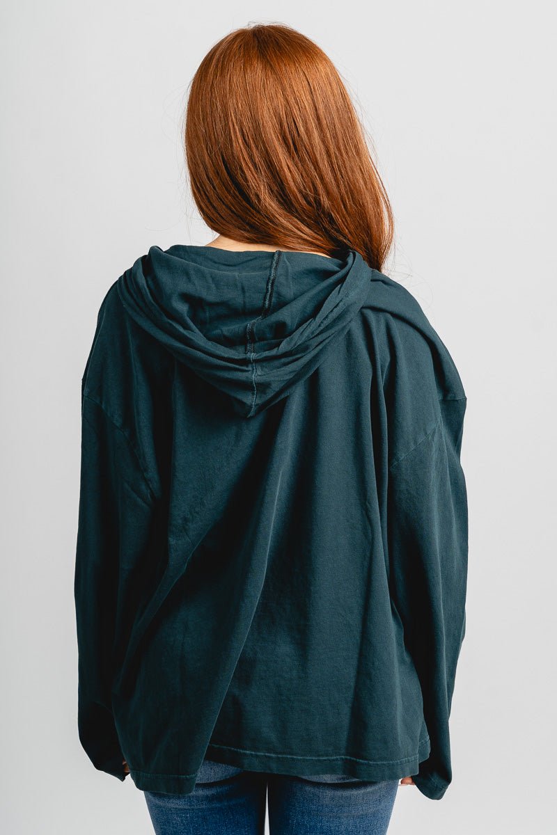 Hooded long sleeve top deep green