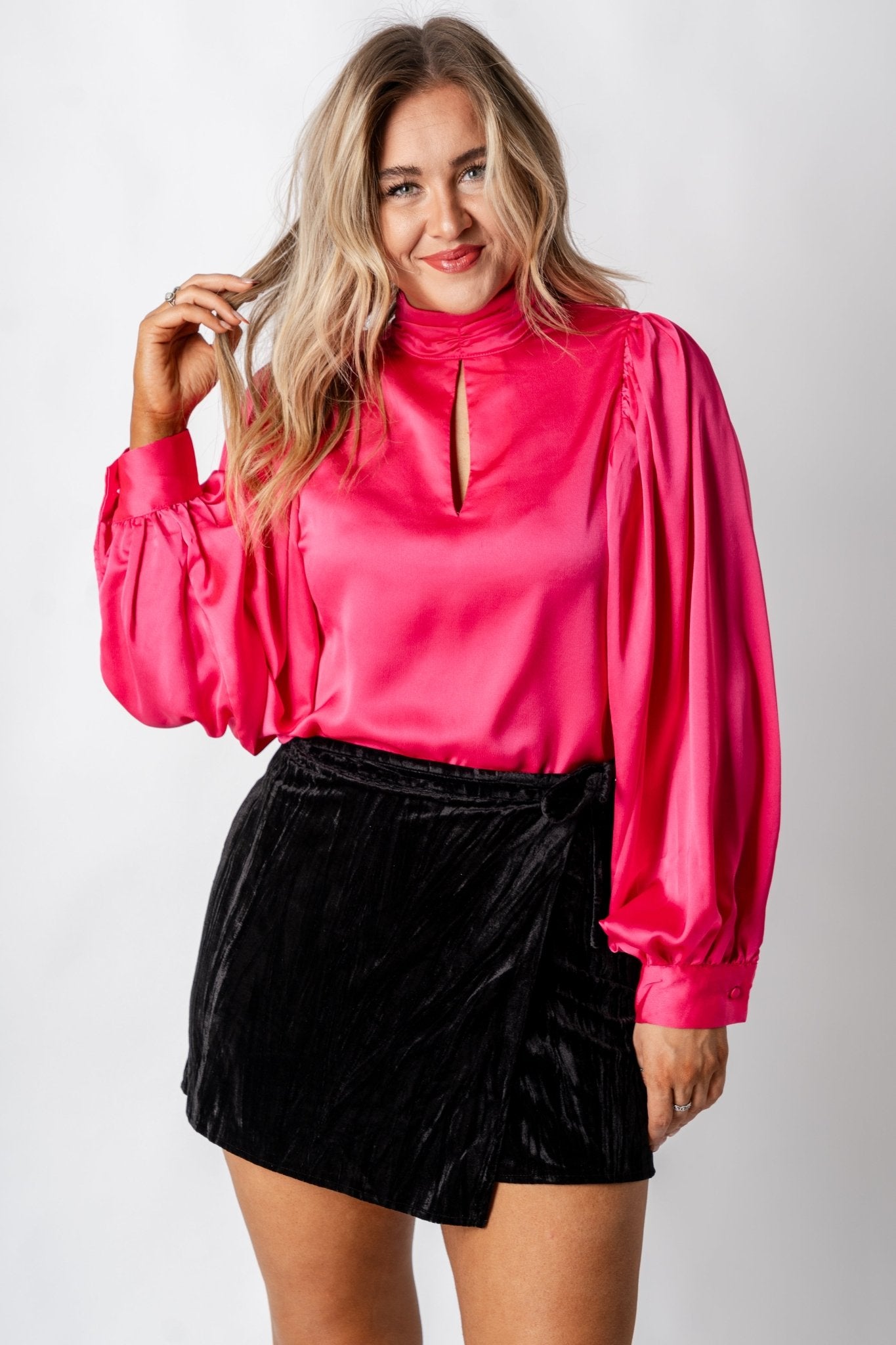 Mock neck blouse fuchsia - Trendy New Year's Eve Outfits at Lush Fashion Lounge Boutique in Oklahoma City