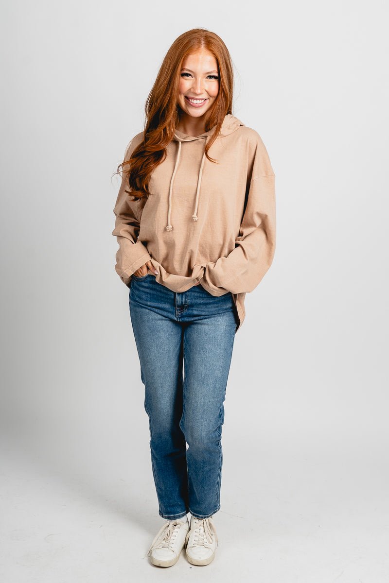 Hooded long sleeve top dark taupe