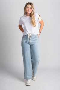 Tie waist high rise wide leg jeans ojai | Lush Fashion Lounge: boutique women's jeans, fashion jeans for women, affordable fashion jeans, cute boutique jeans