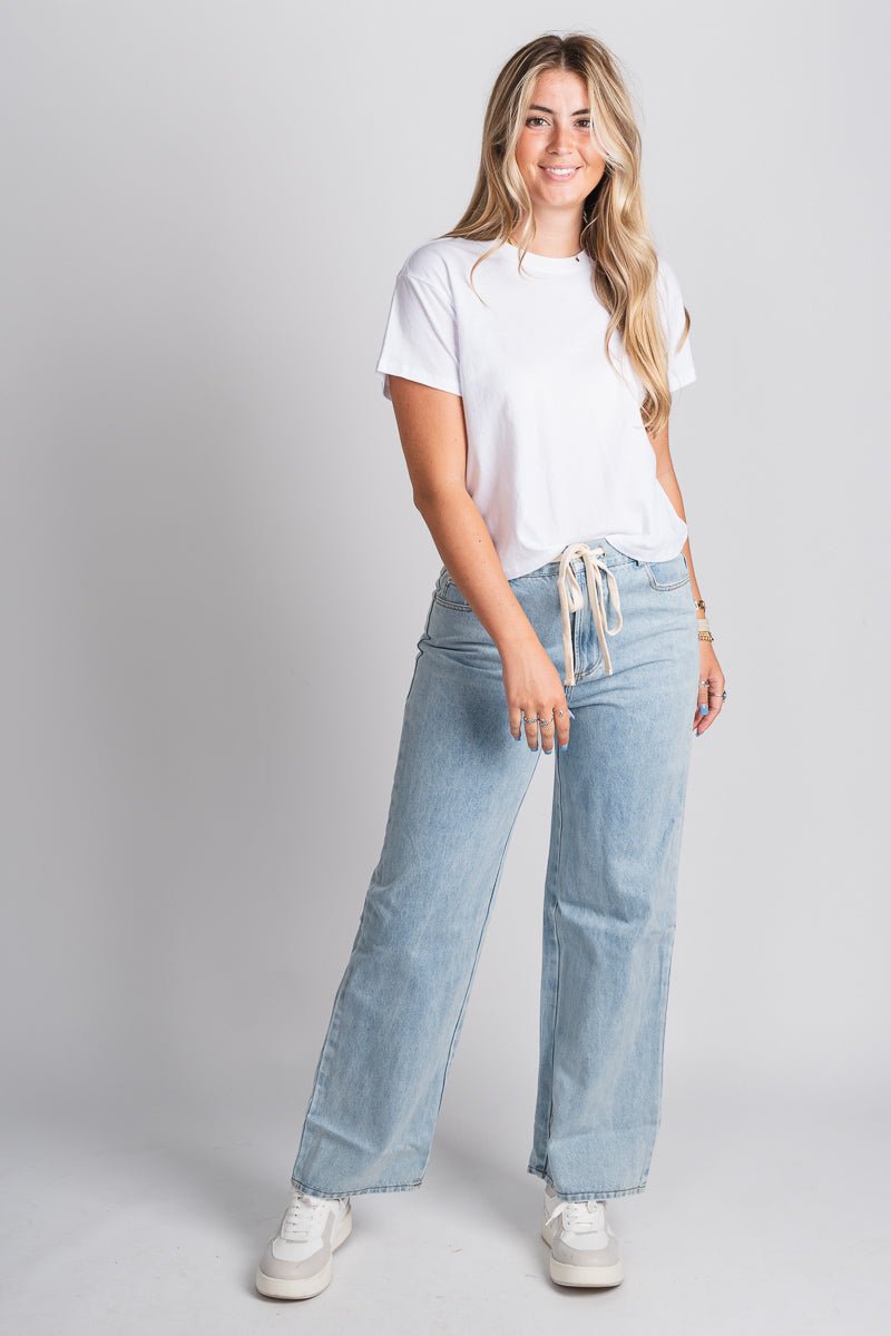 Tie waist high rise wide leg jeans ojai | Lush Fashion Lounge: boutique women's jeans, fashion jeans for women, affordable fashion jeans, cute boutique jeans