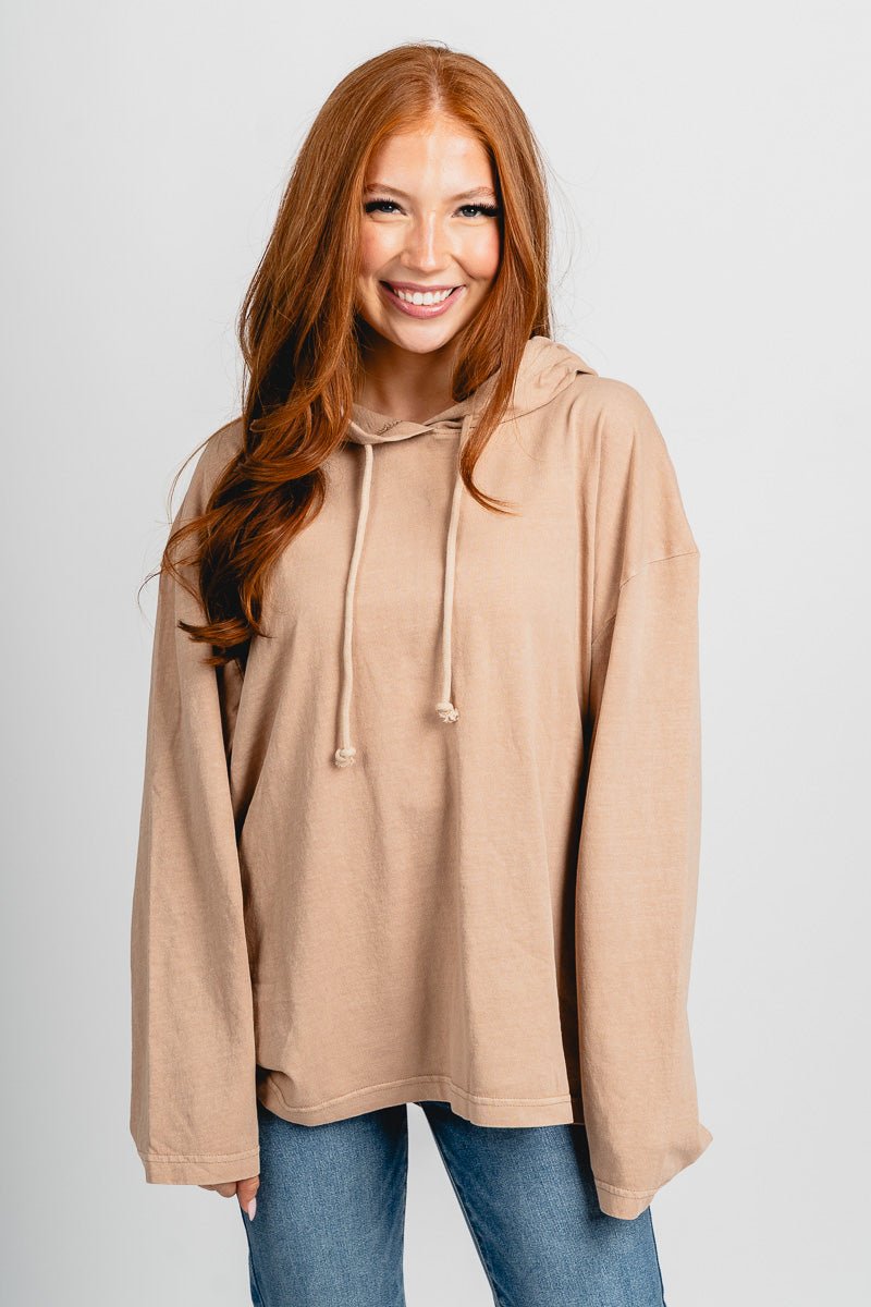 Hooded long sleeve top dark taupe