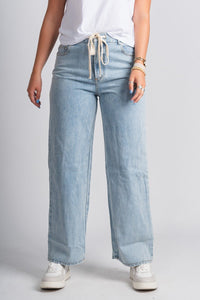 Tie waist high rise wide leg jeans ojai | Lush Fashion Lounge: boutique women's jeans, fashion jeans for women, affordable fashion jeans, cute boutique jeans