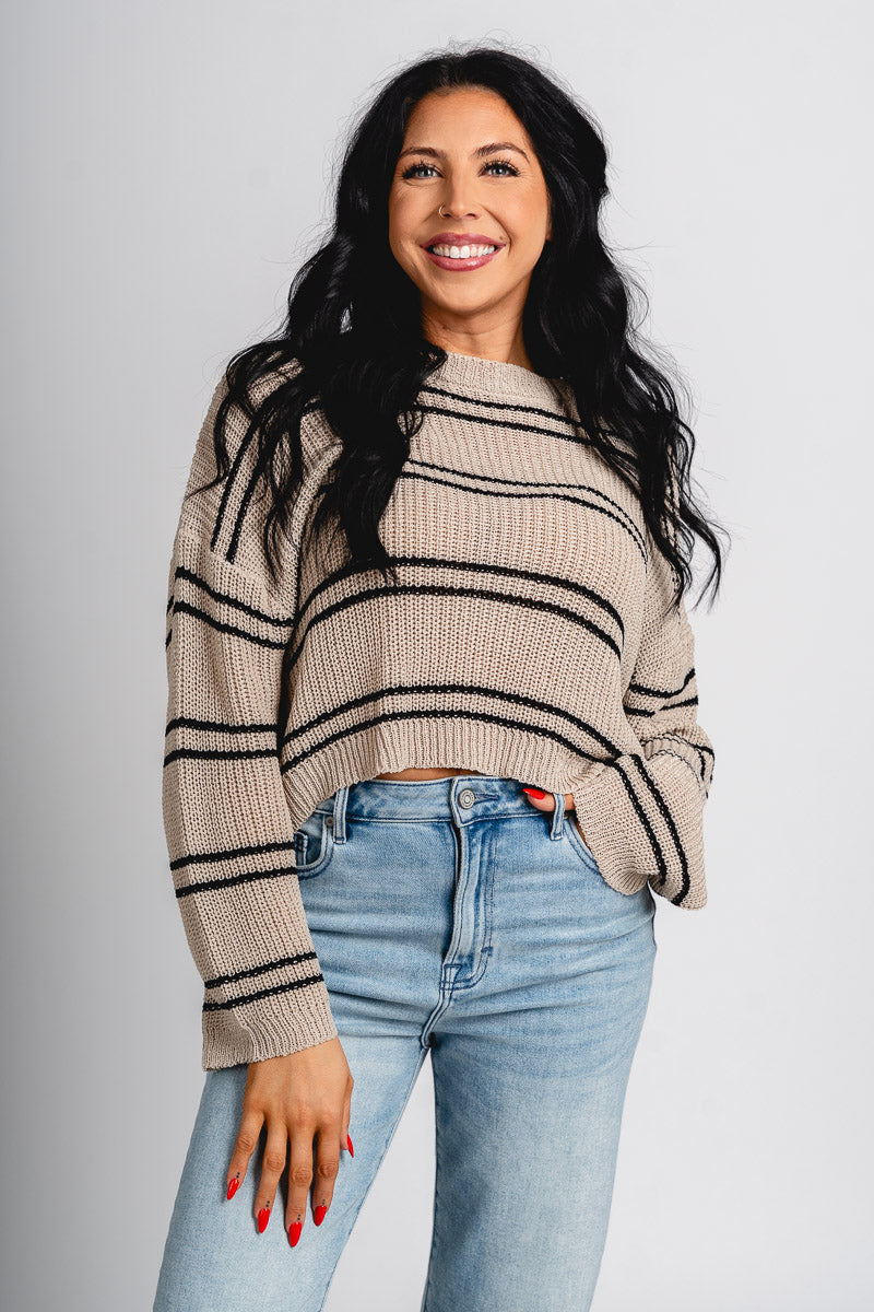 Striped knit top oyster/black