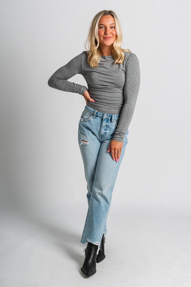 Ruched long sleeve top heather charcoal