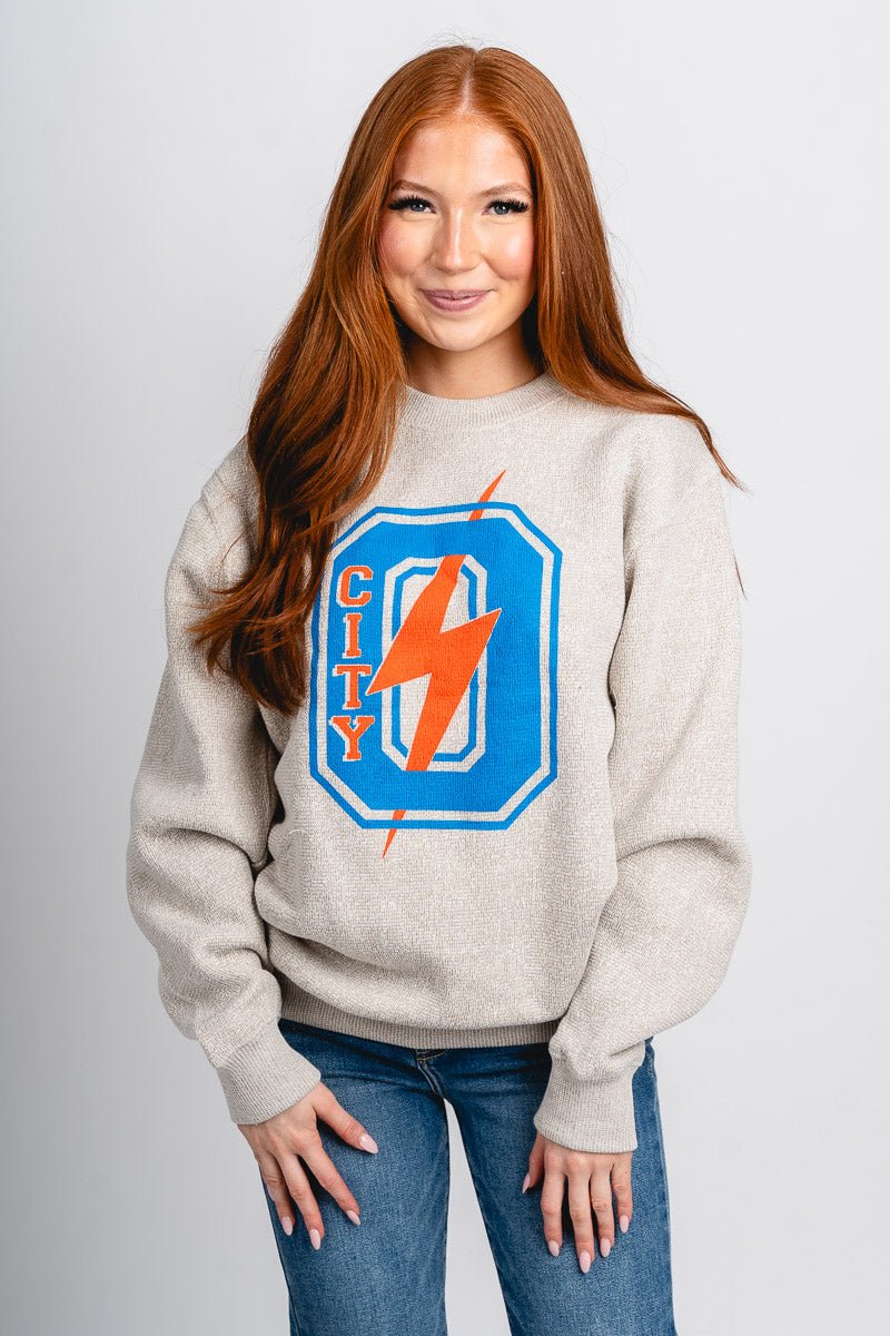 OKC O City bolt nantucket sweatshirt natural - Trendy Oklahoma City Basketball T-Shirts Lush Fashion Lounge Boutique in Oklahoma City