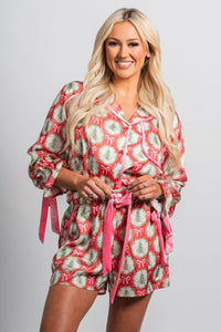 Christmas trees satin top red/pink - Cute top - Fun Cozy Basics at Lush Fashion Lounge Boutique in Oklahoma City