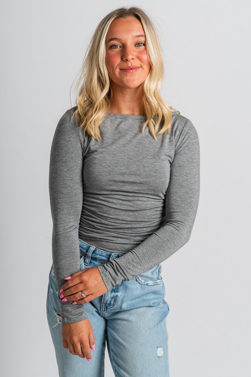 Ruched long sleeve top heather charcoal