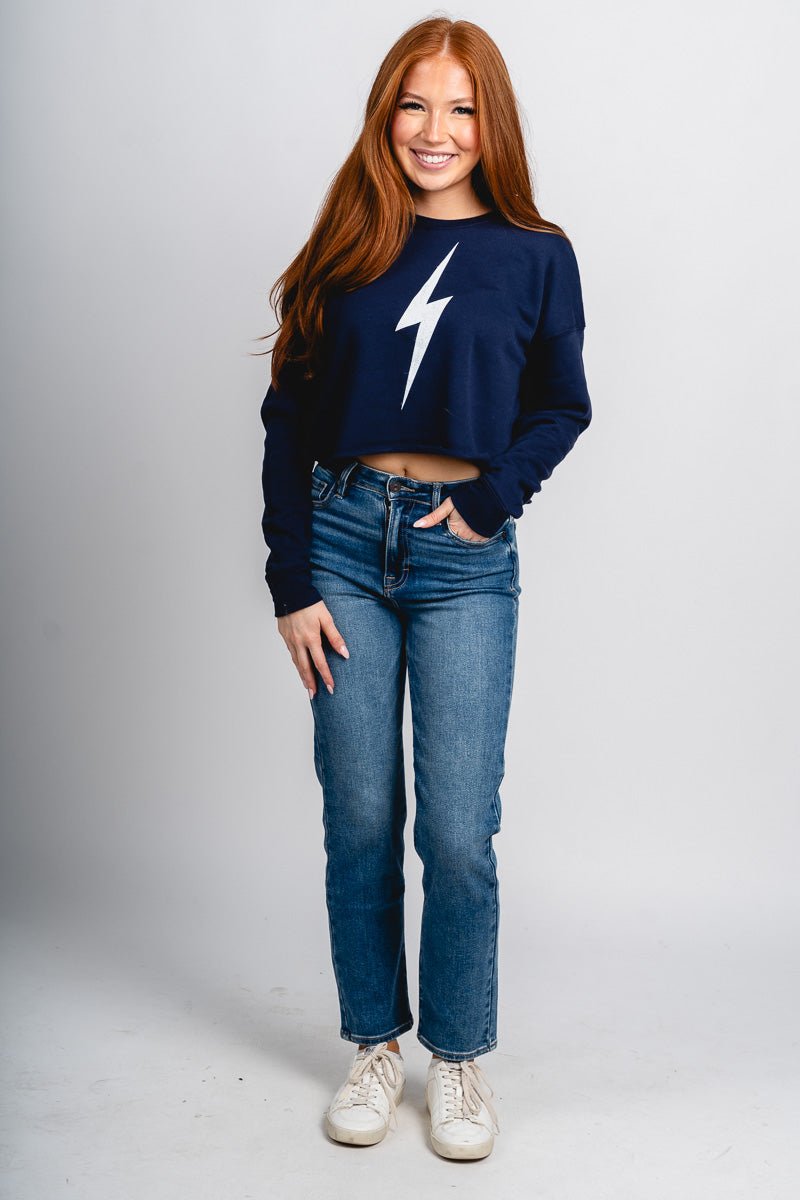 OKC bolt crop sweatshirt navy - Trendy OKC Thunder T-Shirts at Lush Fashion Lounge Boutique in Oklahoma City