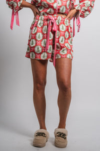 Christmas trees satin shorts red/pink - Trendy Holiday Apparel at Lush Fashion Lounge Boutique in Oklahoma City