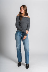 Fold over off shoulder sweater charcoal - Trendy Sweaters | Cute Pullover Sweaters at Lush Fashion Lounge Boutique in Oklahoma City