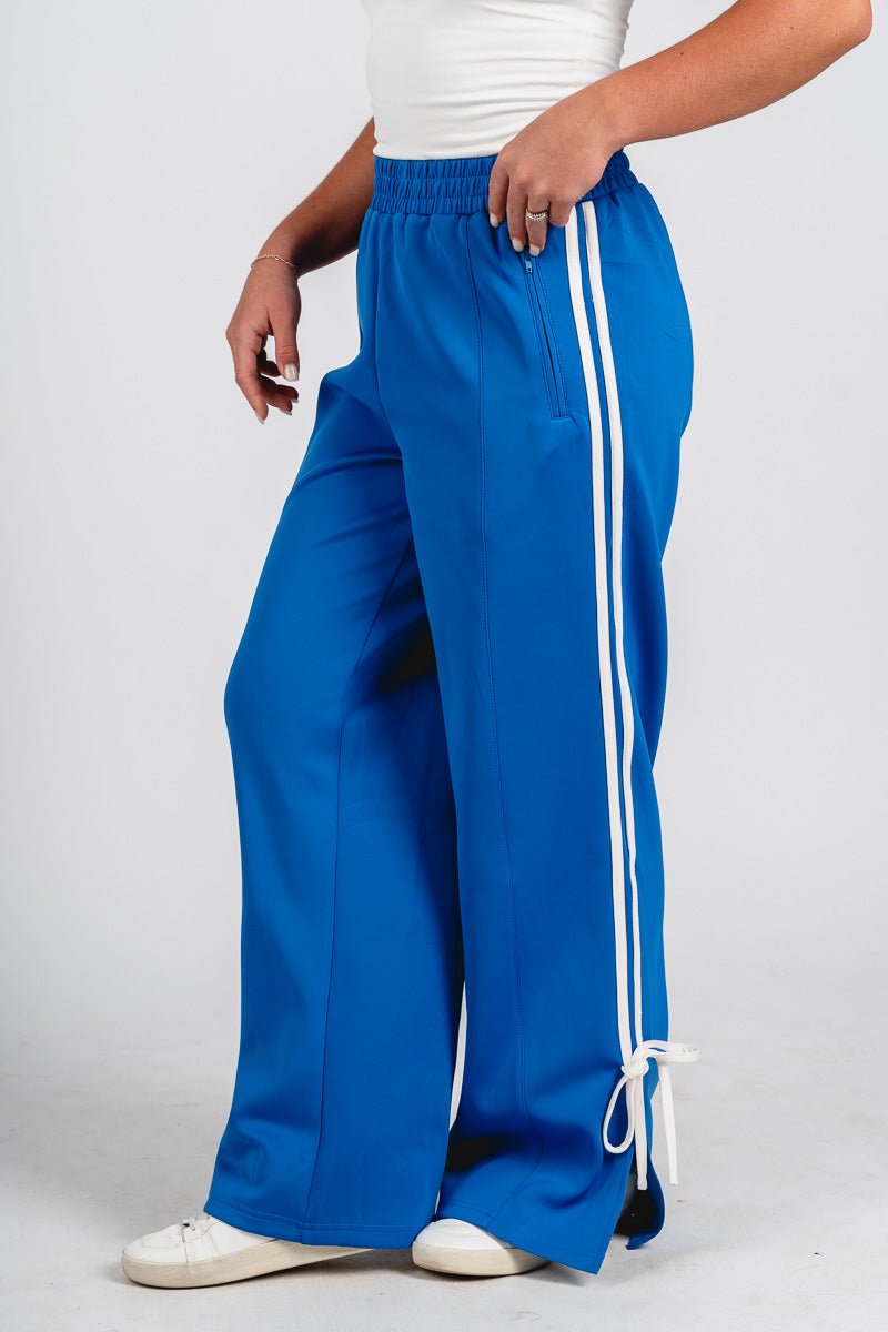 Bow detail track pants blue - Trendy OKC Apparel at Lush Fashion Lounge Boutique in Oklahoma City