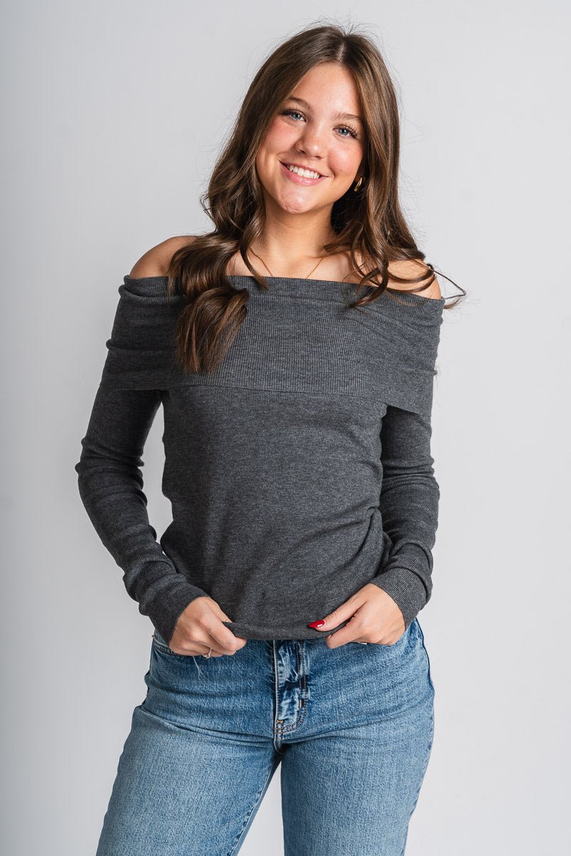 Fold over off shoulder sweater charcoal – Boutique Sweaters | Fashionable Sweaters at Lush Fashion Lounge Boutique in Oklahoma City