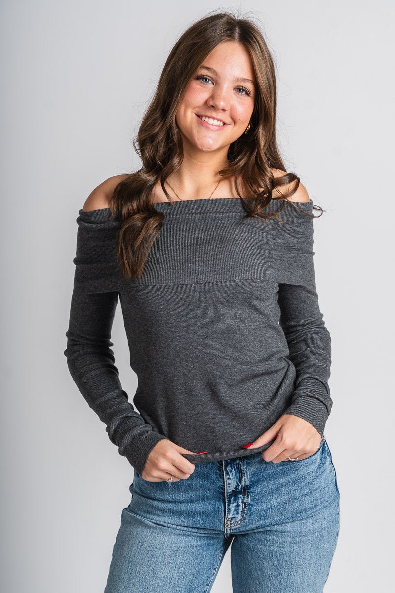 Fold over off shoulder sweater charcoal – Stylish Sweaters | Boutique Sweaters at Lush Fashion Lounge Boutique in Oklahoma City